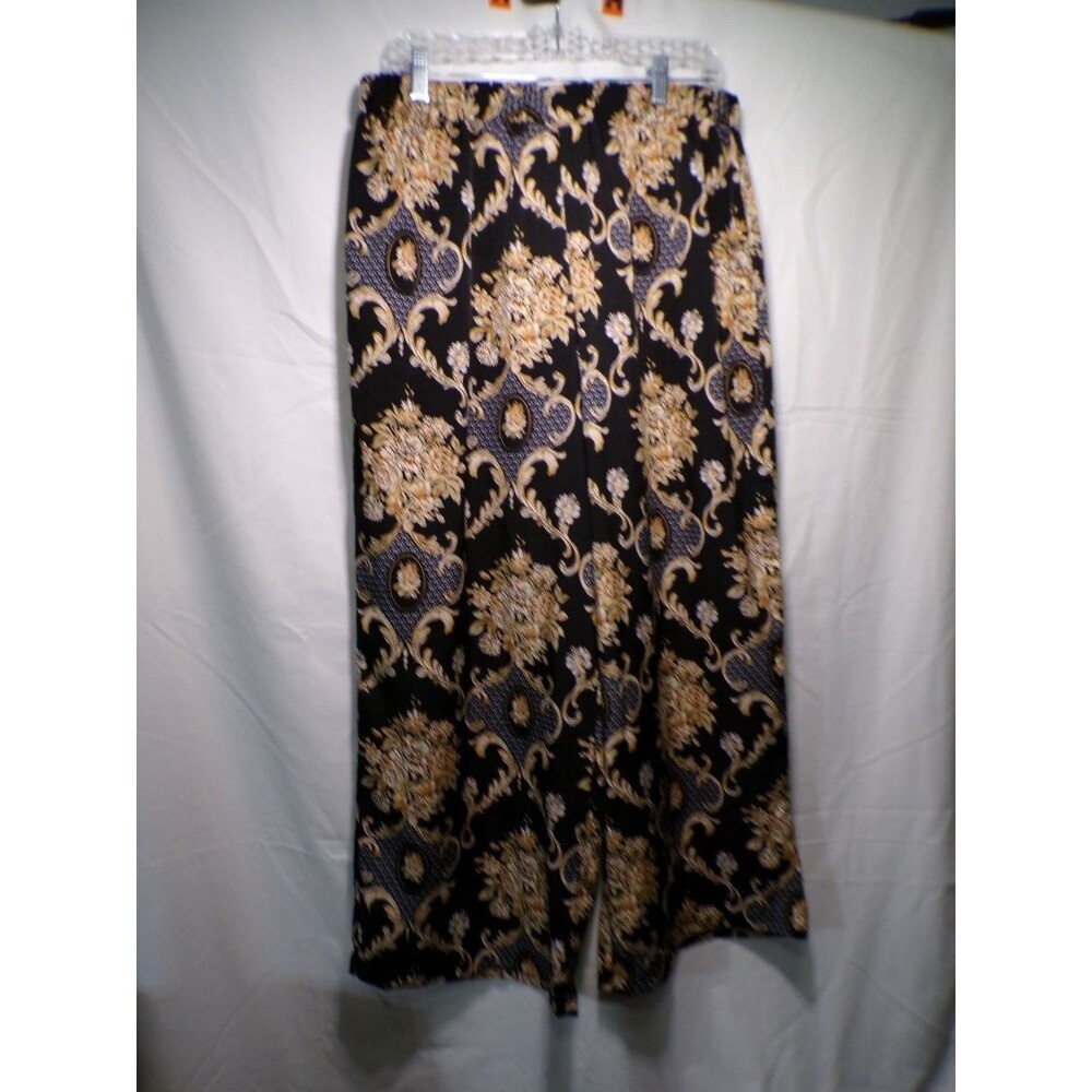 Emery Rose Women's 1XL Palazzo Pants Black Gold Baroque Wide Leg